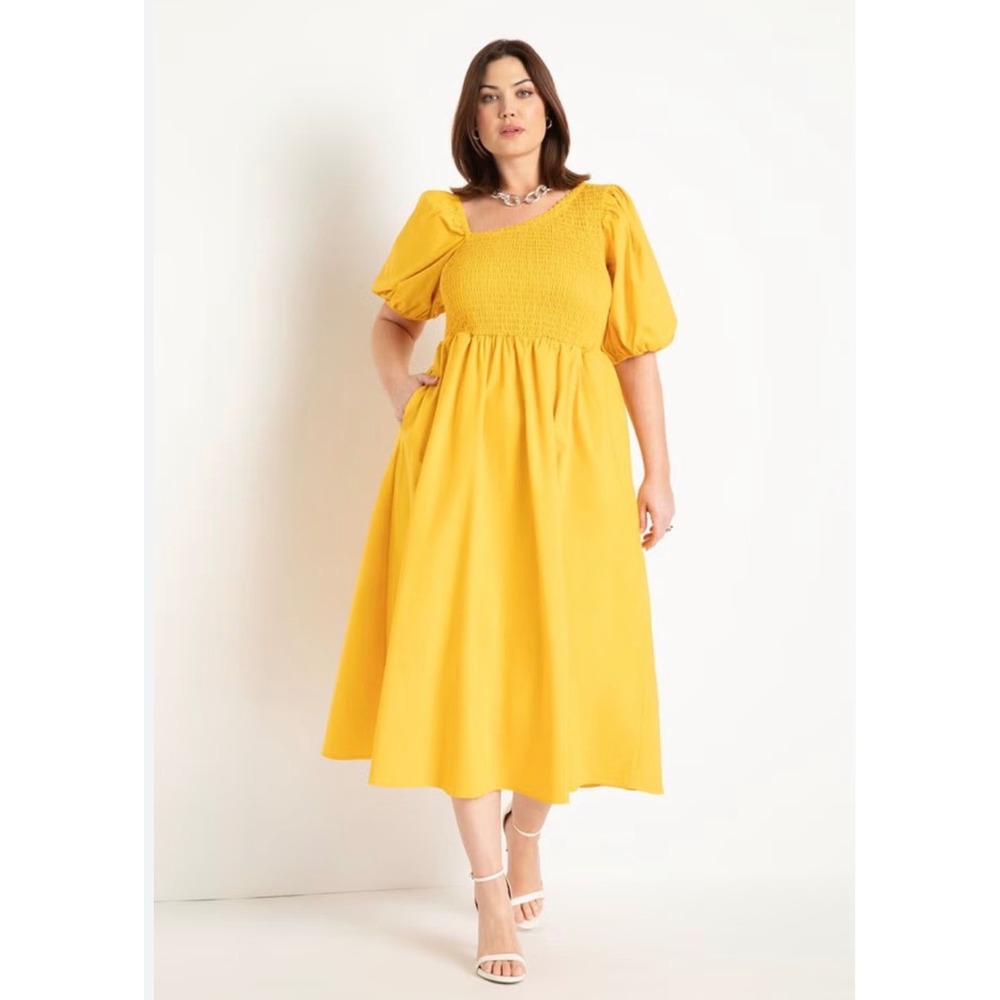 ELOQUII Yellow Maxi Dress Midi Smocked Puff Sleeve Plus Size 18 Pockets NEW Long